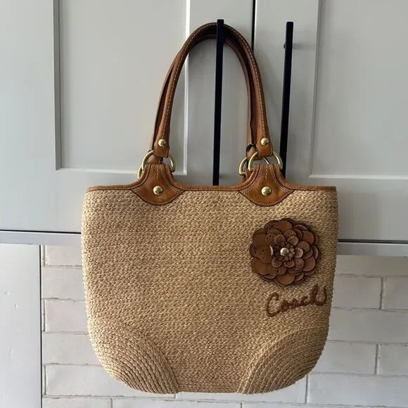 Coach Bleecker Natural Straw Tan Tote Handbag with Leather Accents Boho Vacation - Picture 14 of 16